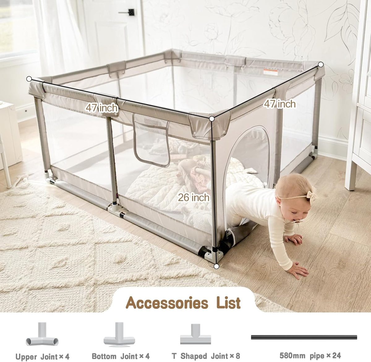 Baby Playpen 120 x 120 cm, Baby Playpen with Play Mat - QUORE