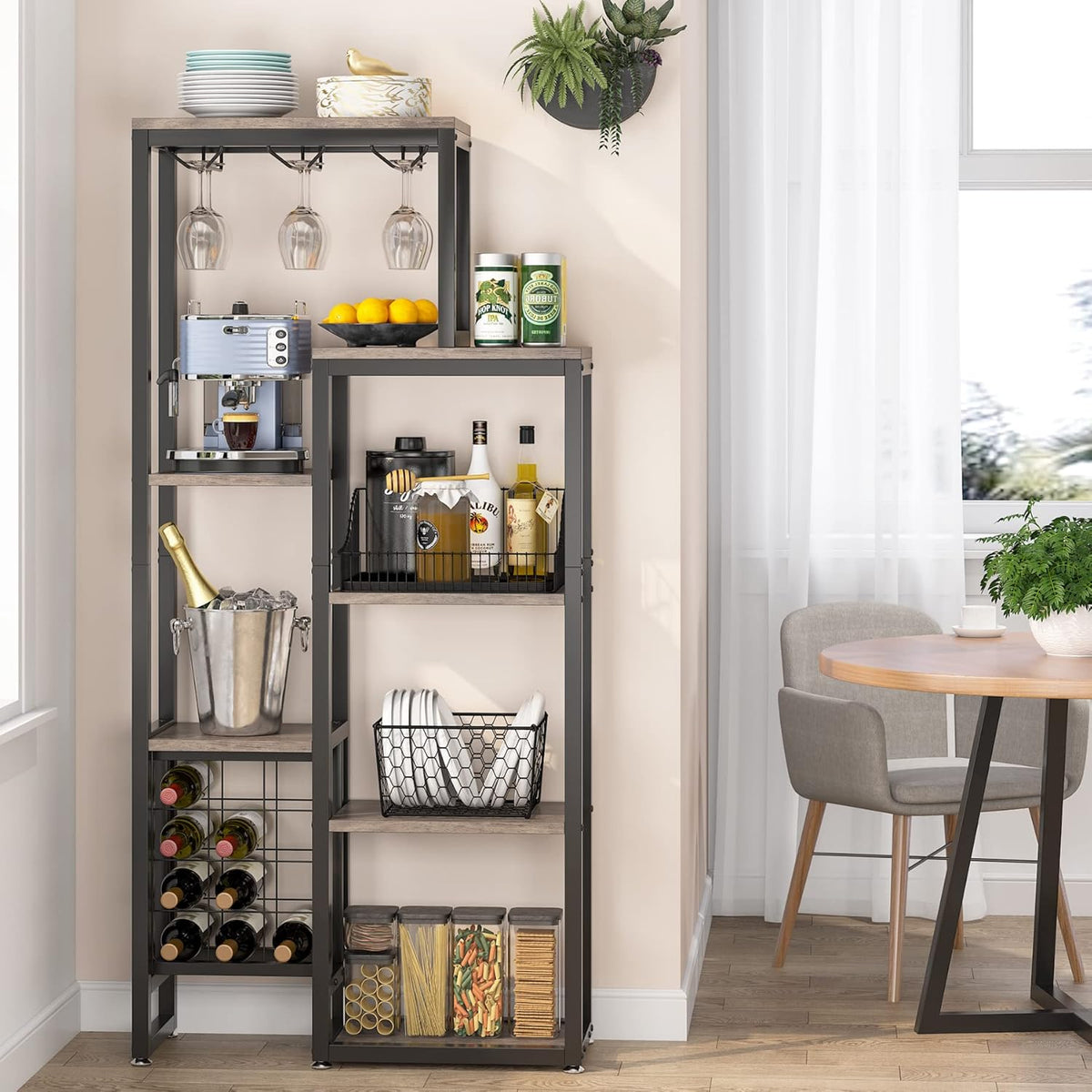 Tribesigns 2 Pcs Freestanding Floor Wine Rack - 5 Tier Wine Display Shelf with Glass Holder and Storage, Industrial Bar Cabinet for Kitchen, Dining Room (Rustic Gray)