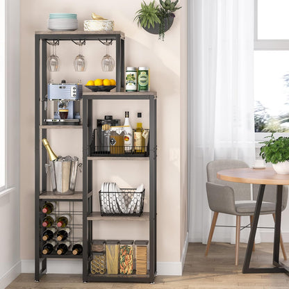 Tribesigns 2 Pcs Freestanding Floor Wine Rack - 5 Tier Wine Display Shelf with Glass Holder and Storage, Industrial Bar Cabinet for Kitchen, Dining Room (Rustic Gray)