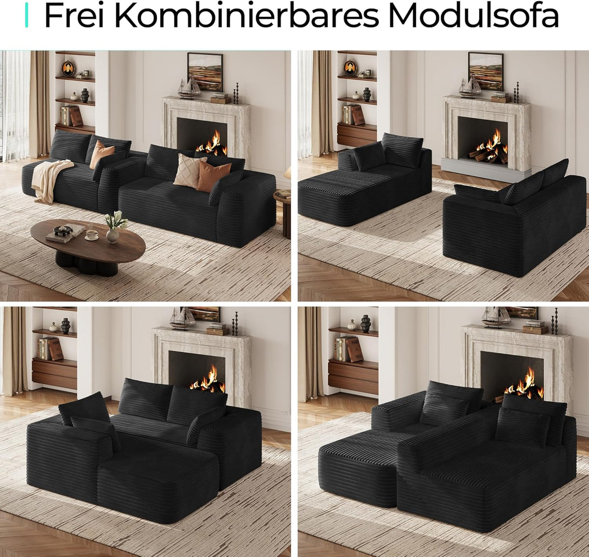 LINSY HOME Corner Sofa with Sleeping Function, Corduroy Modular Sofa Bed, 270 cm, L-Shaped Sofa, 3 Seater with Footstool, Sectional Sofa for Living Room, No Assembly Required, Black - QUORE