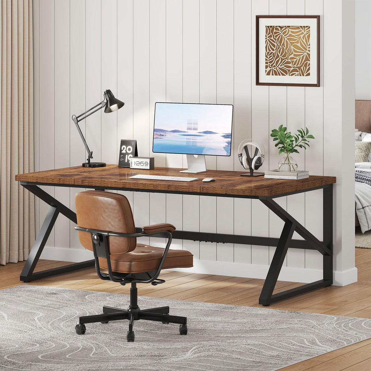 IBF Bureau in bruin-bruine kleur met een lengte van 70 inch, industrieel groot dubbel bureau van metaal en hout voor computer, lange bureautafel voor thuis 180 cm