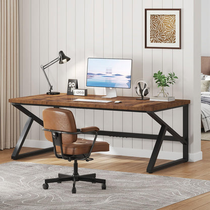 IBF Bureau in bruin-bruine kleur met een lengte van 70 inch, industrieel groot dubbel bureau van metaal en hout voor computer, lange bureautafel voor thuis 180 cm