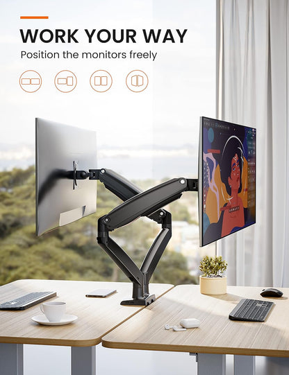 Dubbele monitorarm voor 2 schermen – Monitorhouder – Monitorsteun – Monitorbeugel – Bureausteun – Geschikt voor 13 tot 40 inch – Tot 12,1 kg per scherm, met USB-poort en VESA 75x75 / 100x100