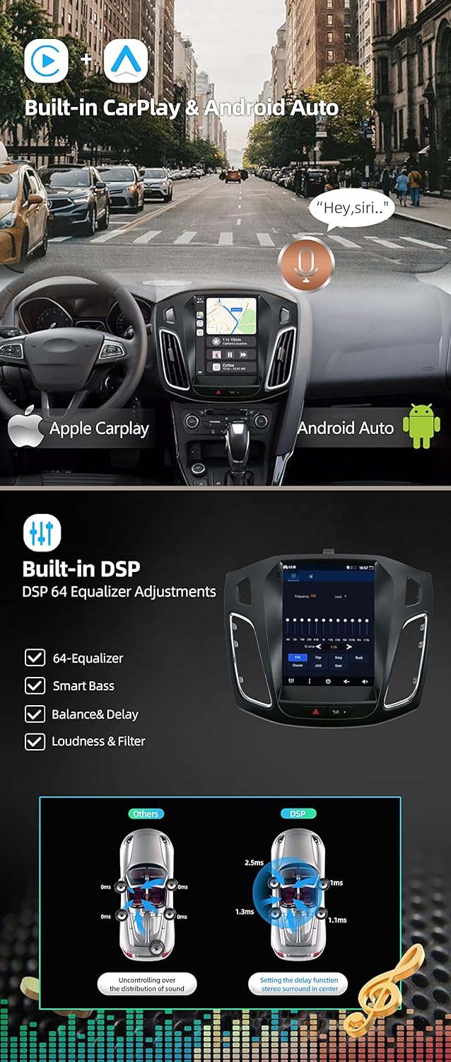 BXLIYER [Octa-Core, 6G+128G] Android 14 Autoradio Voor Ford Focus (2010-2013) - Draadloze CarPlay/Android Auto - Camera & MIC - IPS 9.7 Inch 2 Din - Stuurwiel DAB Fast-boot 360-CAM WIFI DSP