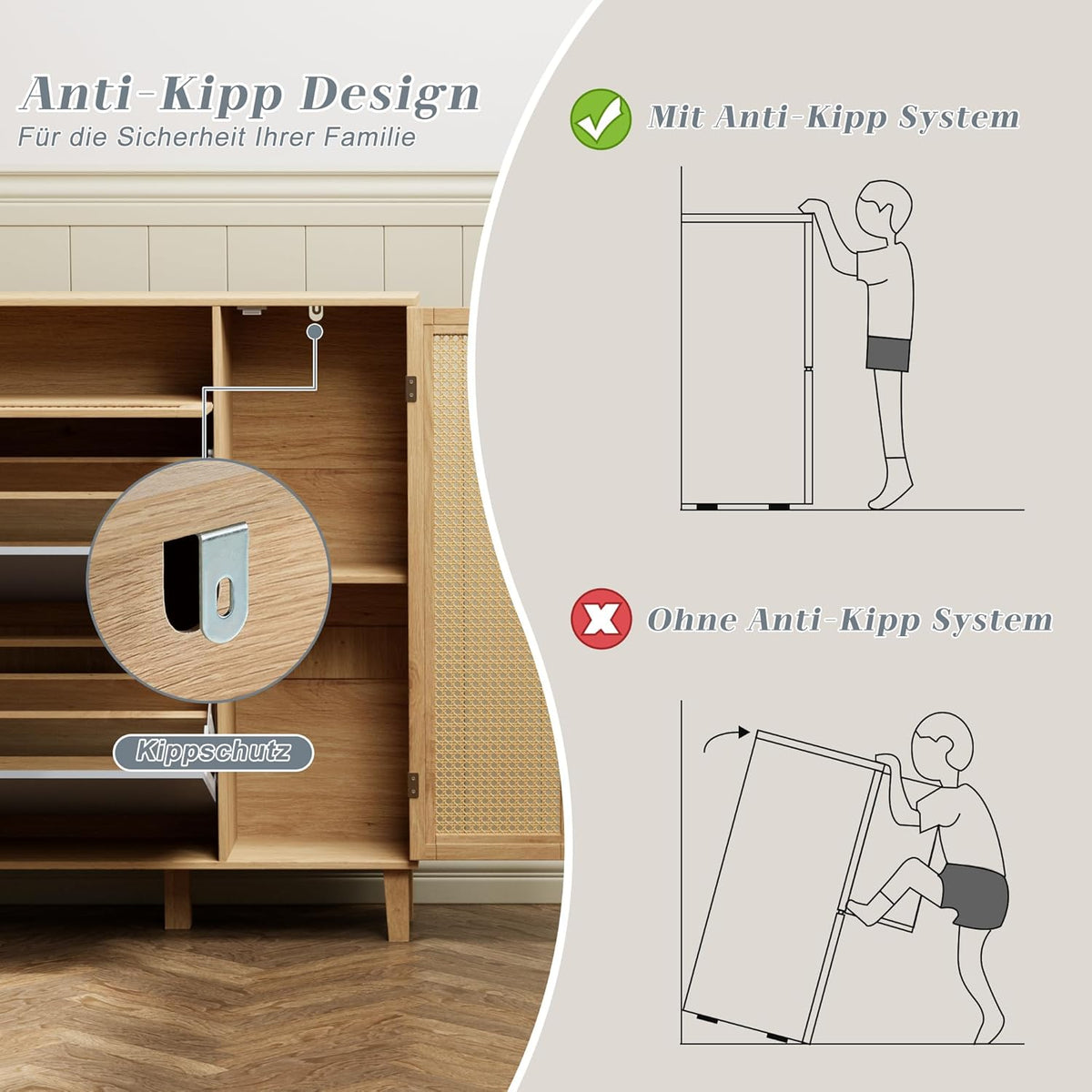 Schoenenkast – Schoenenrek – Entrekast – Schoenopberger – Schoenmeubel – Compact Ontwerp – Verstelbaar Binnenrek – Grijs en Naturel