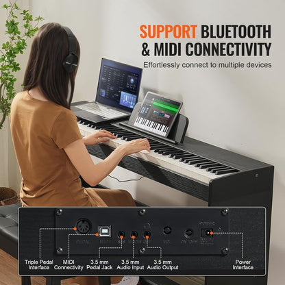 Digitale piano – Elektrische piano – Keyboard – E-piano – Piano toetsenbord – 88 volledig gewogen toetsen – Dubbel toetsenbord met 200 tonen en Bluetooth/MIDI
