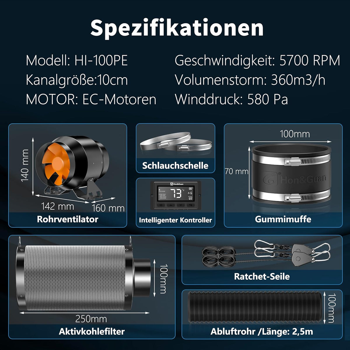 Hon&Guan Afvoerluchtset 100 mm, buisventilator 100 mm met temperatuur- en vochtigheidsregelaar, actieve koolfilter, groei, rubberen koppeling, slangklemmen, set voor kweektent, hydrocultuur