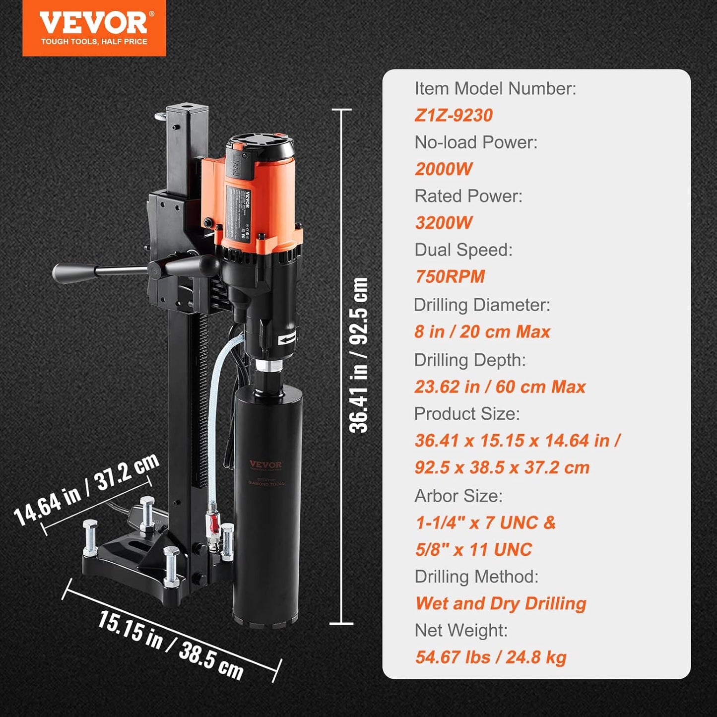 VEVOR Diamond core drill bit with holder max. diameter 20cm max. depth 60cm 2500W diamond drill wet and dry drilling 750rpm diamond drill for concrete, construction