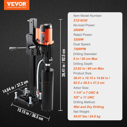 VEVOR Diamond core drill bit with holder max. diameter 20cm max. depth 60cm 2500W diamond drill wet and dry drilling 750rpm diamond drill for concrete, construction