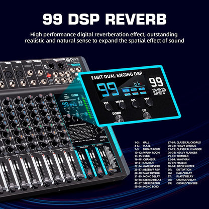 Audiomixer, 10-kanaals professionele stereomixer, 99 DSP Reverb, 7-bands equalizer, USB, 48V fantoomvoeding, One-Click Mute voor DJ, opname, podium (10-kanaals)
