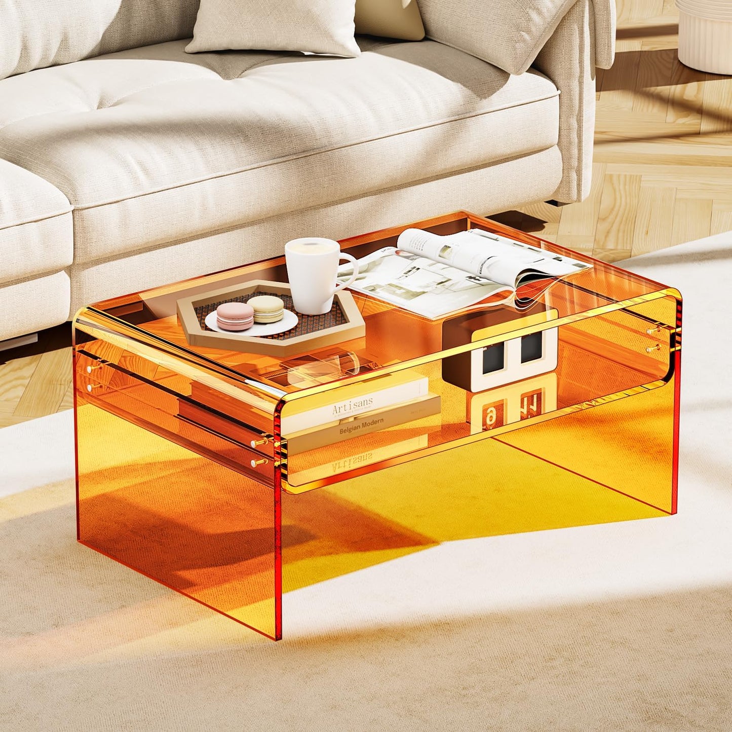Acryl Salontafel, Transparant Helder Acryl Tafel (Oranje, 50 cm)