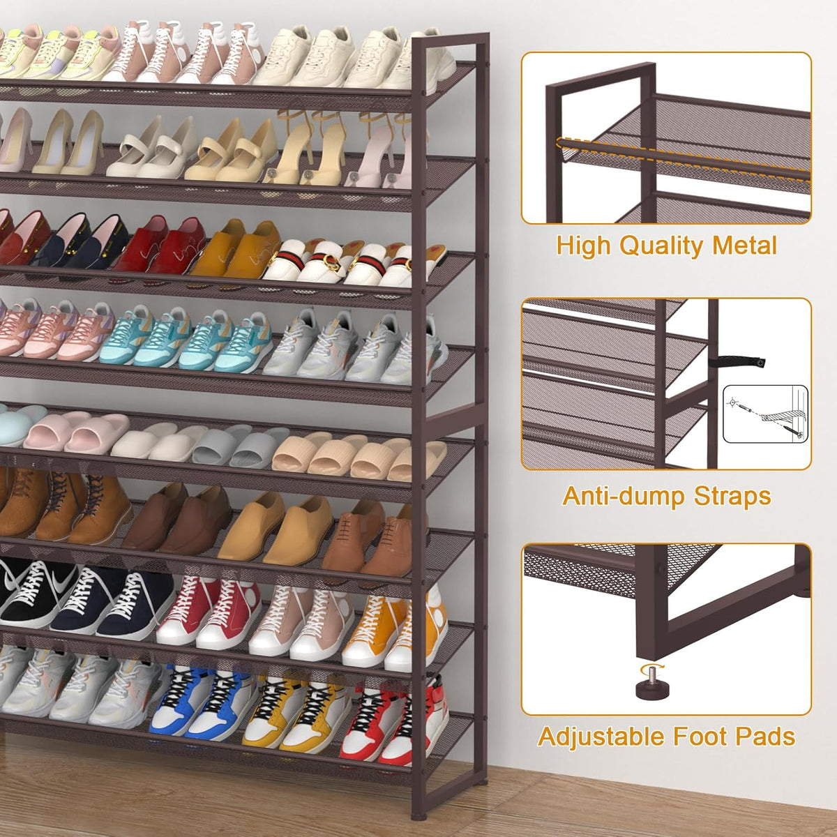 Large Shoe Rack with 8 Levels, Shoe Organizer, Robust Metal 4-Tier Stackable Shoe Rack for Cabinet Entrance, Up to 50 Pair, 114cm W x 29cm D x 143cm H, Bronze - QUORE