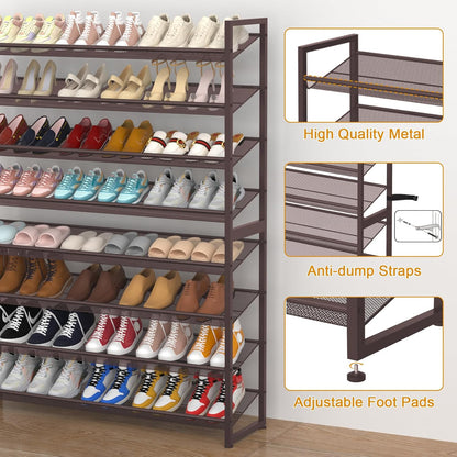 Large Shoe Rack with 8 Levels, Shoe Organizer, Robust Metal 4-Tier Stackable Shoe Rack for Cabinet Entrance, Up to 50 Pair, 114cm W x 29cm D x 143cm H, Bronze - QUORE