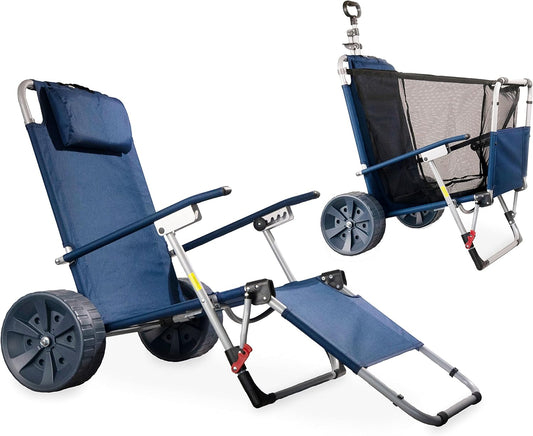 Opvouwbare 2 In 1 Strandkar Blauw – Bolderkar – Strandwagen – Strandtrolley – Strandstoel – 5 Verstelbare Standen – Brede PVC-Wielen