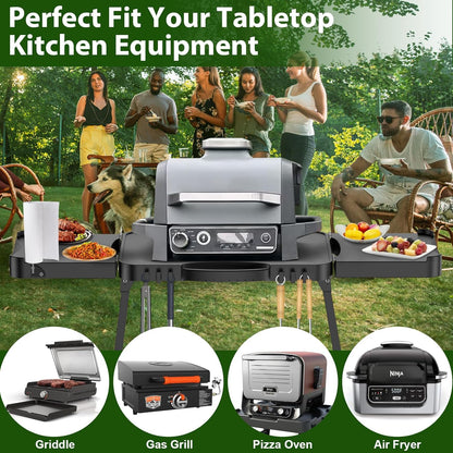 GFTIME Universele draagbare grillwagen voor Enders Urban, Weber Q100/Q200/Q300, Ninja Woodfire, Burnhard Wayne, opvouwbare outdoor grillstandaard met groot werkblad en in hoogte verstelbare poten