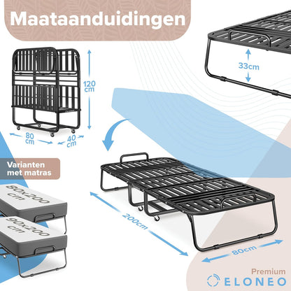 ELONEO Opklapbed 80x200 cm | Opvouwbaar logeerbed, belastbaar tot 250 kg | Opvouwbaar reisbed | Transportwielen | Beschermhoes