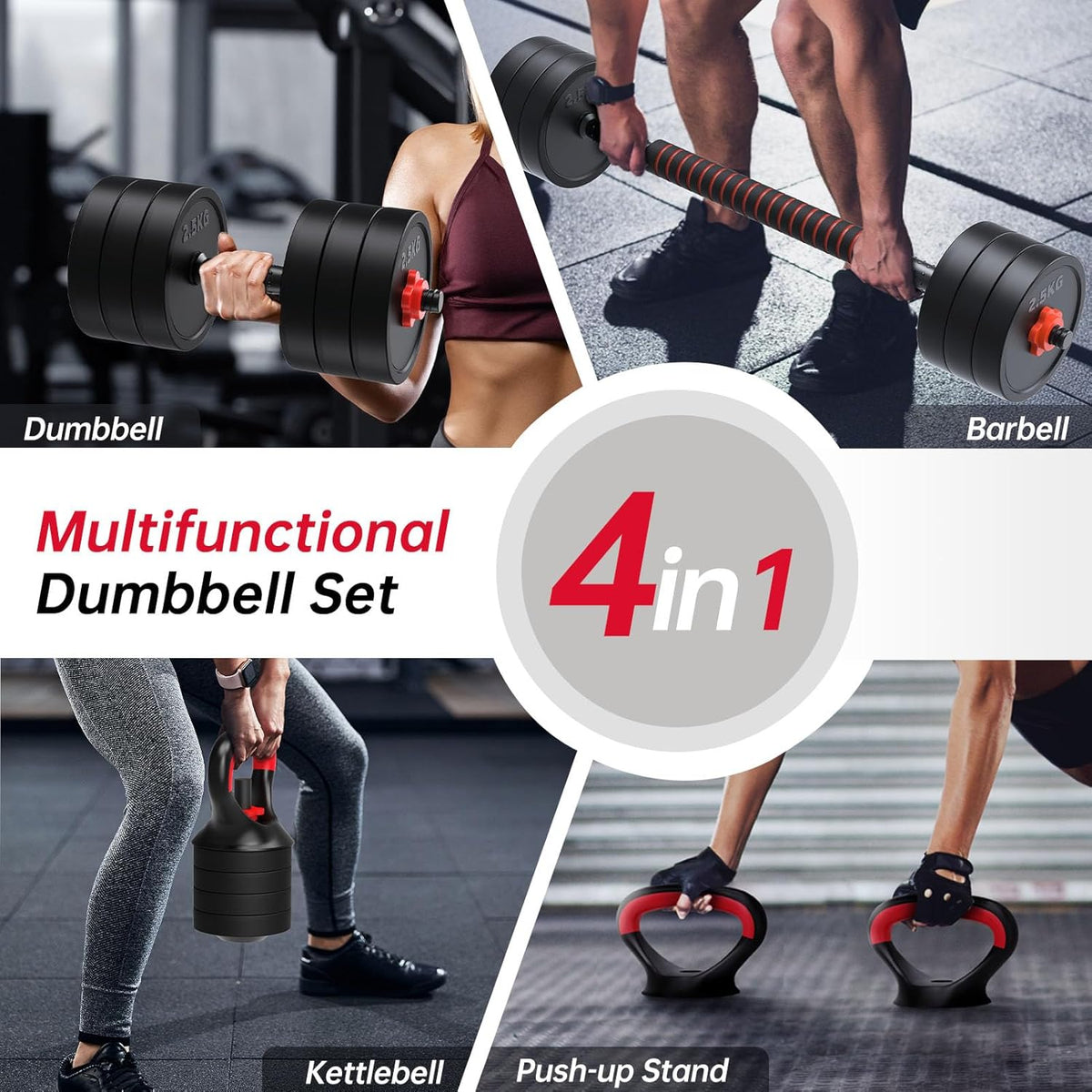 JOROTO Verstelbare Dumbbell Set, 10KG/30KG Gewichten Dumbbell Set met Pluggen, 4 in1 Workout Gewicht voor Home Gym Barbell, Kettlebells, Push up Stand Fitnessapparatuur