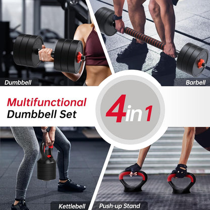 JOROTO Verstelbare Dumbbell Set, 10KG/30KG Gewichten Dumbbell Set met Pluggen, 4 in1 Workout Gewicht voor Home Gym Barbell, Kettlebells, Push up Stand Fitnessapparatuur