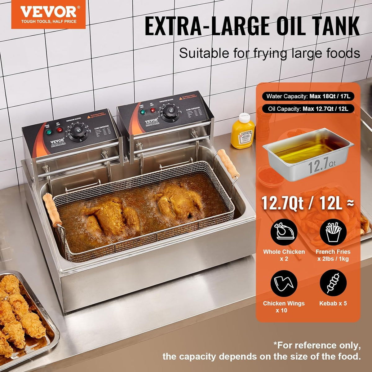VEVOR Professional Electric Deep Fryer for Turkey, 2500 W with 3 Removable Baskets, Stainless Steel Fryer with Oil Oil, Oil Capacity Approx. 12 L, for Use in Kitchen, Restaurant, Silver