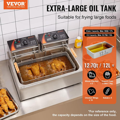 VEVOR Professional Electric Deep Fryer for Turkey, 2500 W with 3 Removable Baskets, Stainless Steel Fryer with Oil Oil, Oil Capacity Approx. 12 L, for Use in Kitchen, Restaurant, Silver