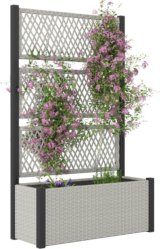 Outsunny verhoogde plantenbak met trellis in rattan-look, plantenbak met klimhulp voor klimplanten, bloemen en kruiden, voor tuin en balkon, 90 x 35 x 148 cm, grijs - QUORE