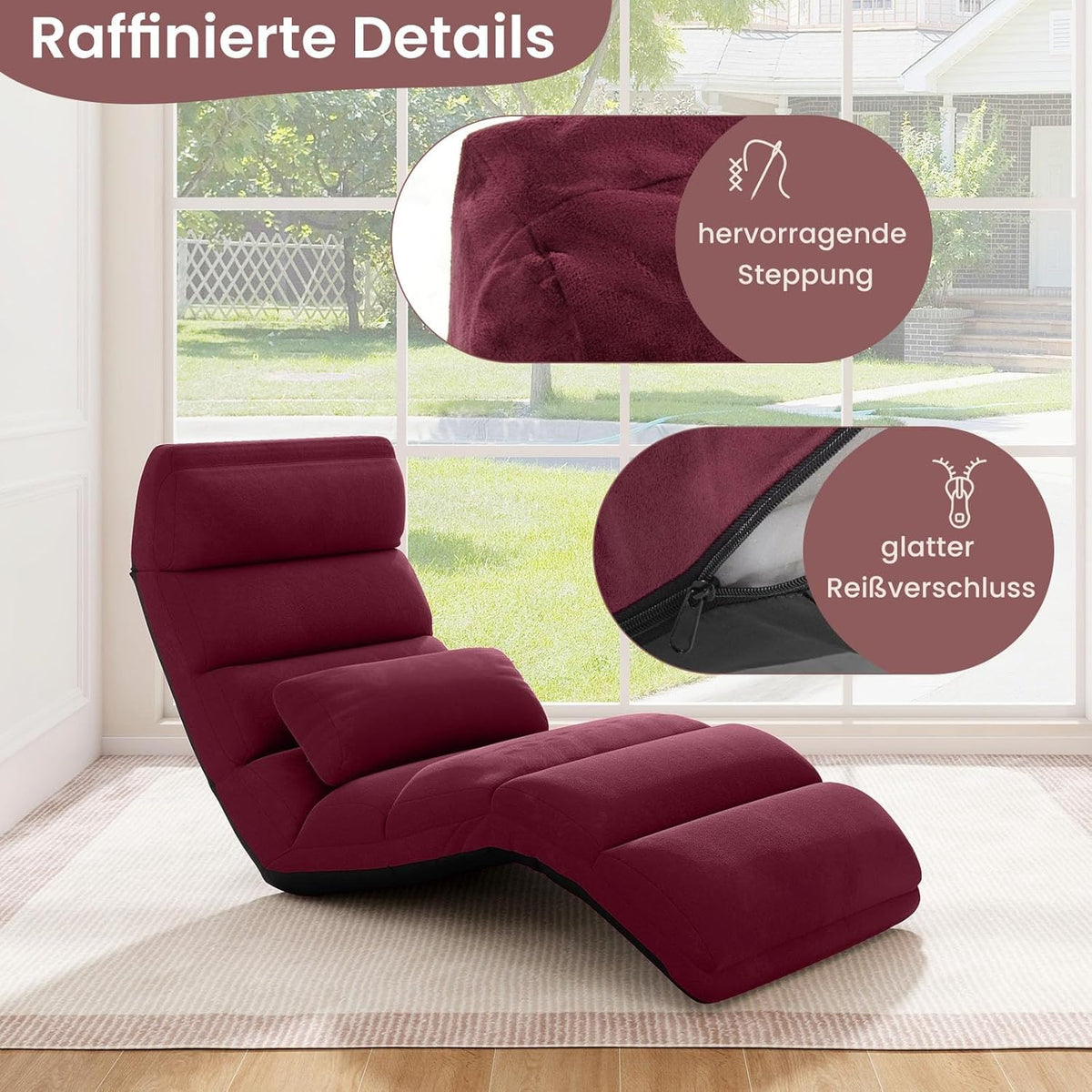 Vloerstoel – Vloerlounger – Grondstoel – Meditatiestoel – Loungestoel – Verstelbare Rugleuning – Kunstleer Rood – 175 x 55 x 20 cm – Inklapbaar & Comfortabel