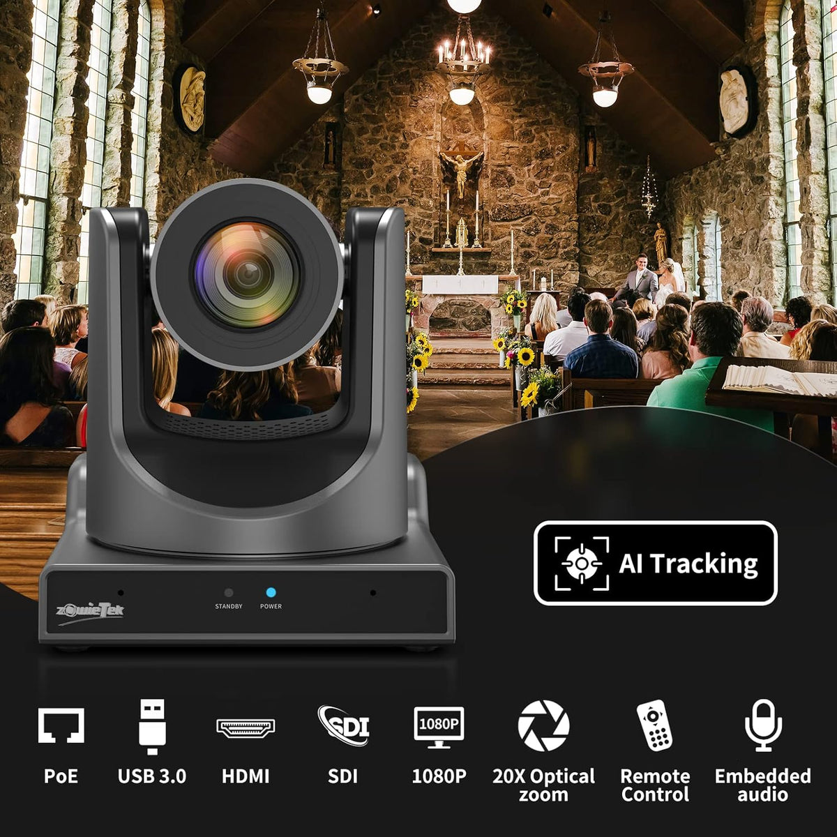 Zowietek Nieuwe Gen PTZ AI Camera PoE | AI-tracking | 20x optische zoom | Gelijktijdige SDI-, HDMI- en USB-uitgangen | IP Live Streaming voor vergadering, kerk, evenementen, onderwijs