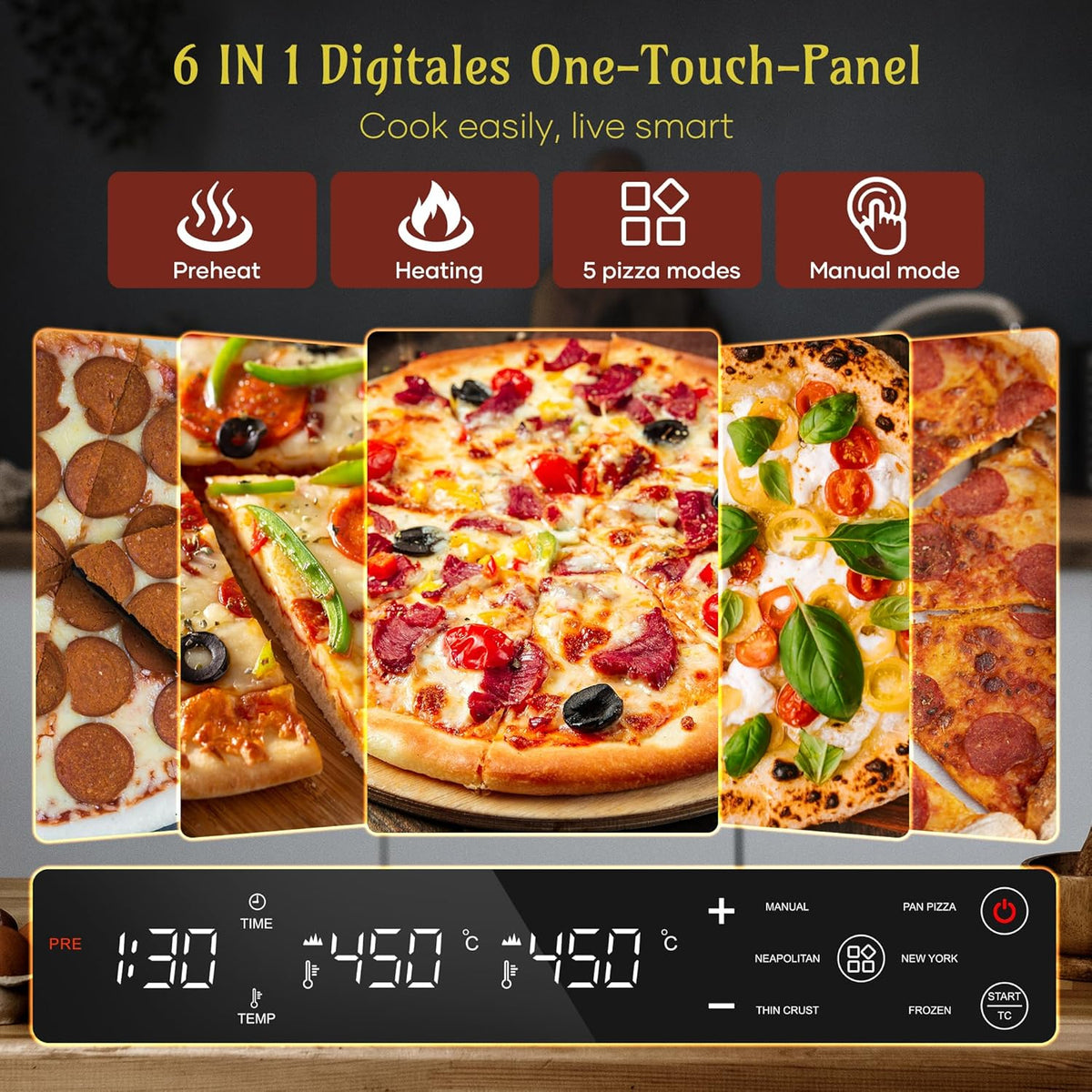 Elektrische pizzaoven – 6 programma's, 1700 W, max. 450 °C, geschikt voor 32 cm pizza's – 5-in-1 multifunctioneel: pizza, grillen, warmhouden, bakken en koken (Black)