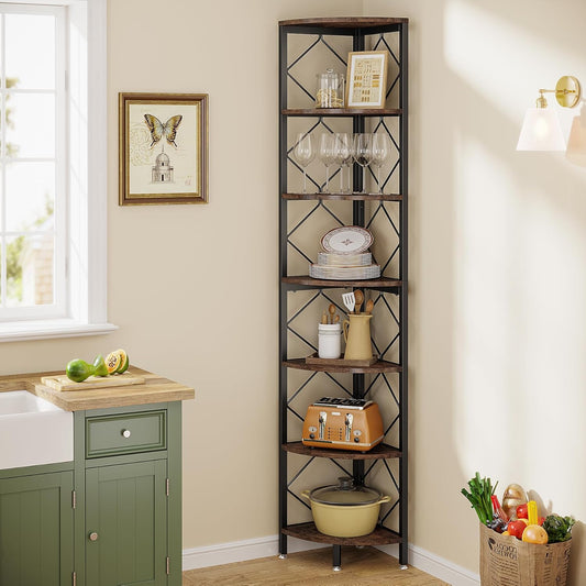 Tribesigns 7 Tier Corner Shelf, 200 cm, Extra High Angle, Industrial Narrow Bookcase for Small Narrow Spaces, Corner Shelf, Wooden Stand, Storage Rack for Living Room, Kitchen, Home Office