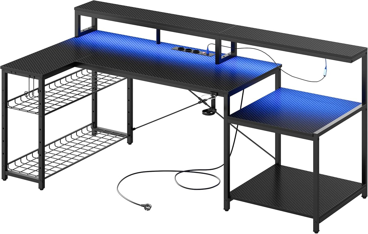 Bestier Gamingtafel, 181 cm, gamingbureau met ledverlichting, pc-tafel, gaming met 3 AC-stopcontacten en 2 USB-oplaadaansluitingen, computertafel met royale monitorplank