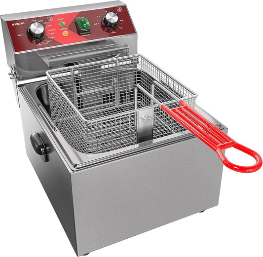 EGGKITPO Elektrische friteuse enkele tank friteuse met mandcapaciteit 10 l (10,5 QT) elektrische friteuses met 60 minuten timer voor thuis, keuken en restaurant, 1800 watt, 120 V