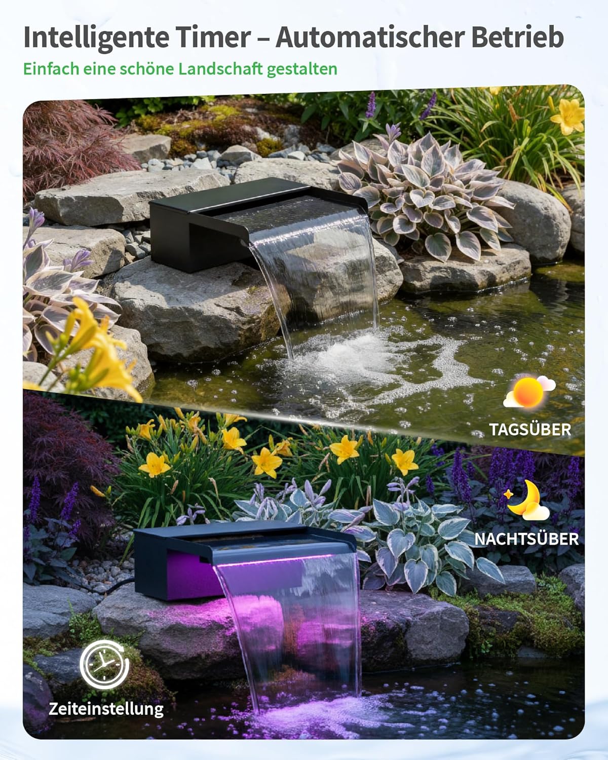 POPOSOAP 20 cm brede vijverwaterval, roestvrijstalen watervalbox met 2500 l/u vijverpomp, op afstand bestuurde kleurwisselende led-lichtketting, buiten-waterspel voor tuinvijver