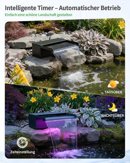 POPOSOAP 20 cm brede vijverwaterval, roestvrijstalen watervalbox met 2500 l/u vijverpomp, op afstand bestuurde kleurwisselende led-lichtketting, buiten-waterspel voor tuinvijver