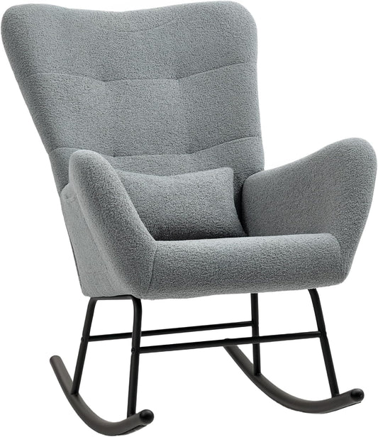 HOMCOM Rocking Chair with Teddy Fabric Look Armrest Nursing Chair with Wooden Glides Lumbar Cushion Relax Chair with Side Pocket for Living Room Bedroom Grey - QUORE