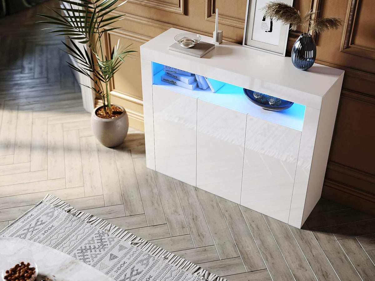 SONNI Sideboard White High Gloss with LED, 12 Colours Can Be Adjusted, 3 Doors, Cupboard, Comod Cabinet, Dresser for Kitchen, Dining Room, Living Room, 116 x 35 x 93 cm, GK002 - QUORE