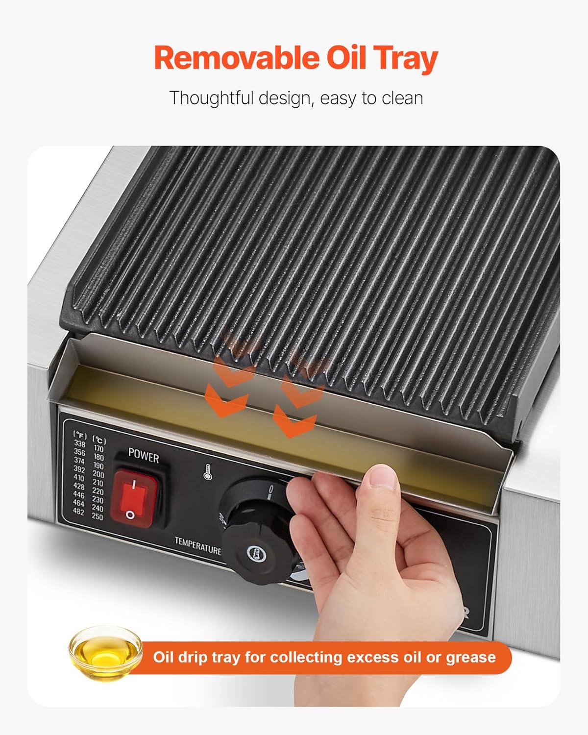 VEVOR Panini Panini Elektrische grillplaat, 1800 W, van roestvrij staal met handvat en temperatuurregeling, geribbeld, geëmailleerd, plat, 22 x 23 cm, voor steak en pancetta