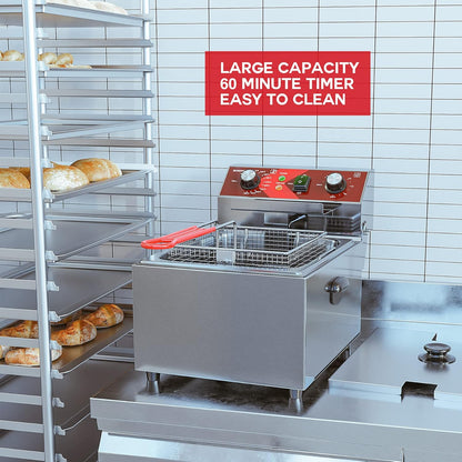 EGGKITPO Elektrische friteuse enkele tank friteuse met mandcapaciteit 10 l (10,5 QT) elektrische friteuses met 60 minuten timer voor thuis, keuken en restaurant, 1800 watt, 120 V