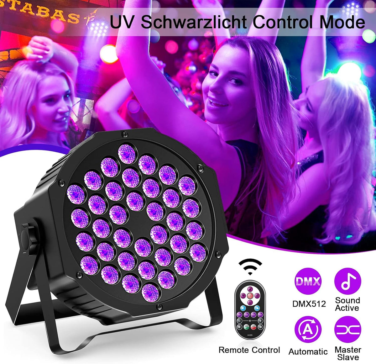 UV LED Blacklight Set – Blacklight Lamp – UV Spotlights – DJ Verlichting – Disco Lamp – 4 Stuks – Afstandsbediening en DMX – 36 LED’s Met Stroomgekoelde Aluminium Behuizing