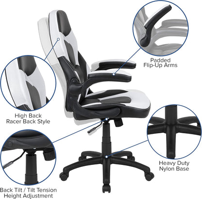 Flash Furniture X10 Gamingstoel, ergonomische bureaustoel voor pc- en gaming-setups, verstelbare gamerstoel met rugsteun, LeatherSoft, wit/zwart
