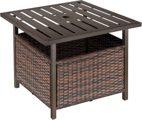 Tuintafel - Tuintafel Rechthoekig - Bijzettafeltje - Rattan Bijzettafel - Bistrotafel - Salontafel - met Parasolgat - Metalen Frame - voor Terras - Tuin - 55.5 x 55.5 x 46 cm - Bruin