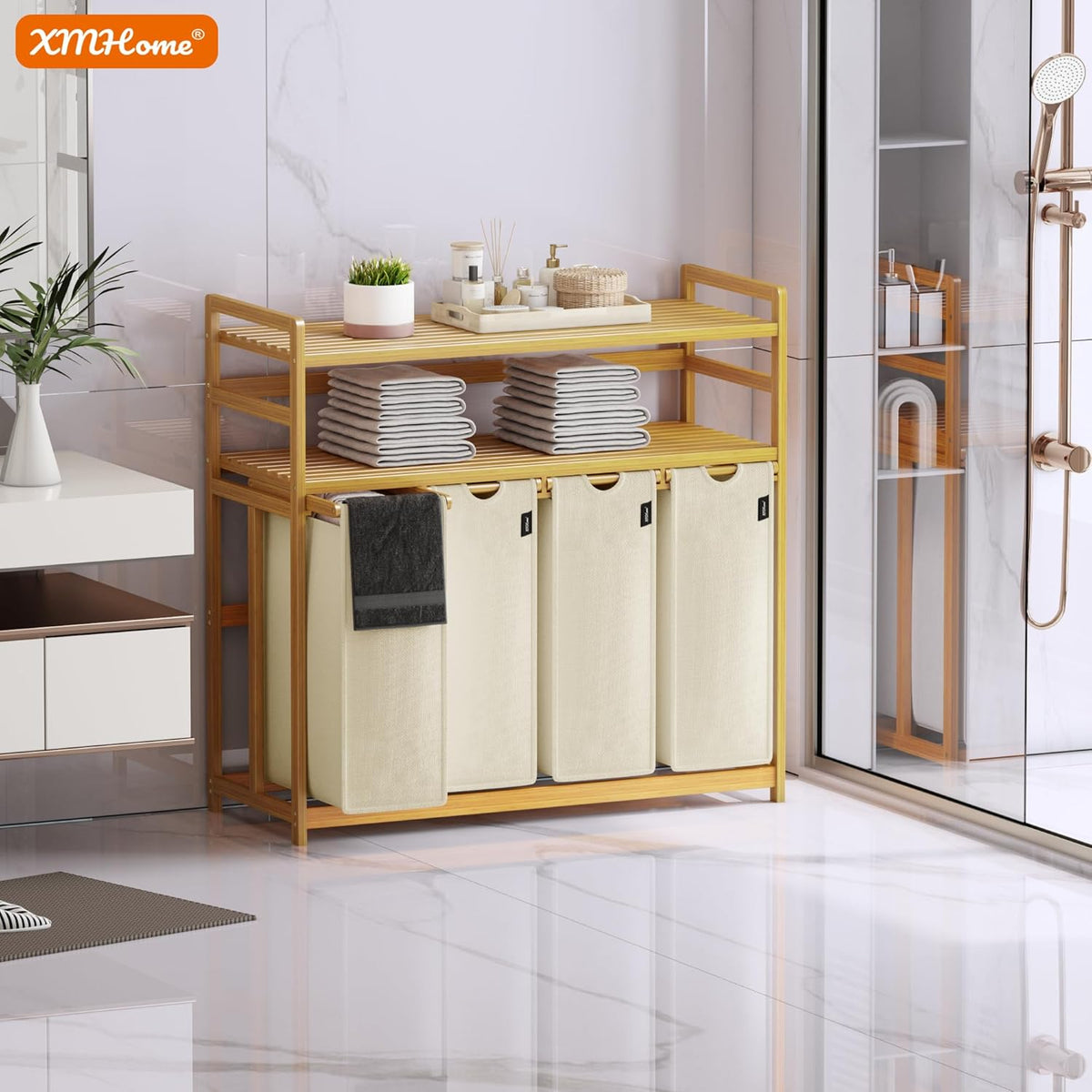 198 liter wasverzamelaar, 4 vakken, wasmand met dubbele plank, bamboe wasbox met uitneembare waszakken, ruimtebesparend voor badkamer, slaapkamer, waskeuken, beige