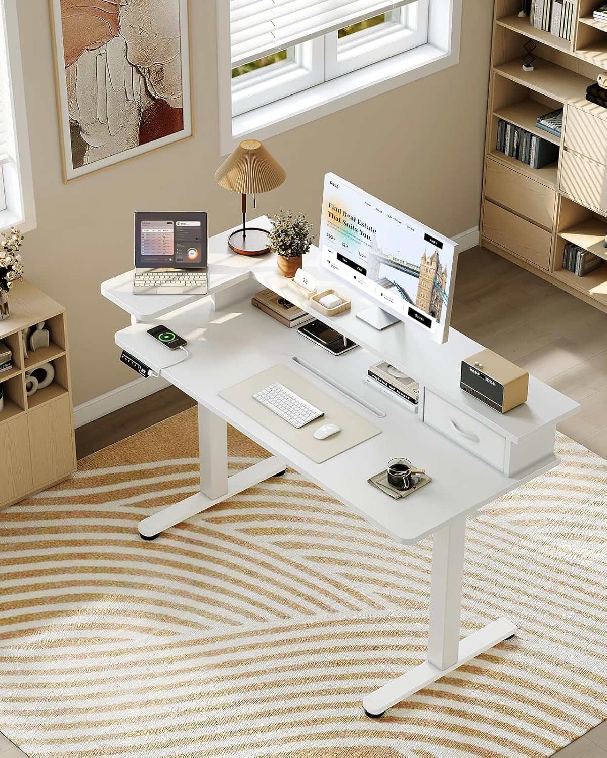 OffiGo Height Adjustable Desk, One-Piece Tabletop, 120x60 Electric Desk with L Monitor Holder, Standing Desk with Drawer, Standing Desk with USB, Ergonomic Computer Desk, White - QUORE