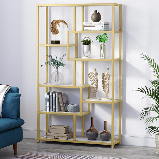 Tribesigns Bookshelf Bookcase, Golden 8-Open Shelf Etagere Bookcase with Faux Marble, Modern Bookshelves Display Shelf Storage Organizer for Home Office