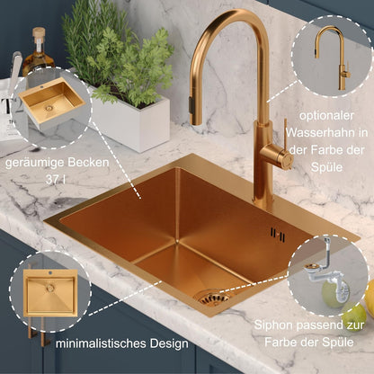 Quadron spoelbak roestvrij stalen spoelbak | afmeting 55 x 48 cm kleur: pvc goud | spoelbak Russel 110 enkele wastafel keukenspoelbak met stalen kamer roestvrij stalen spoelbak | met sifon en