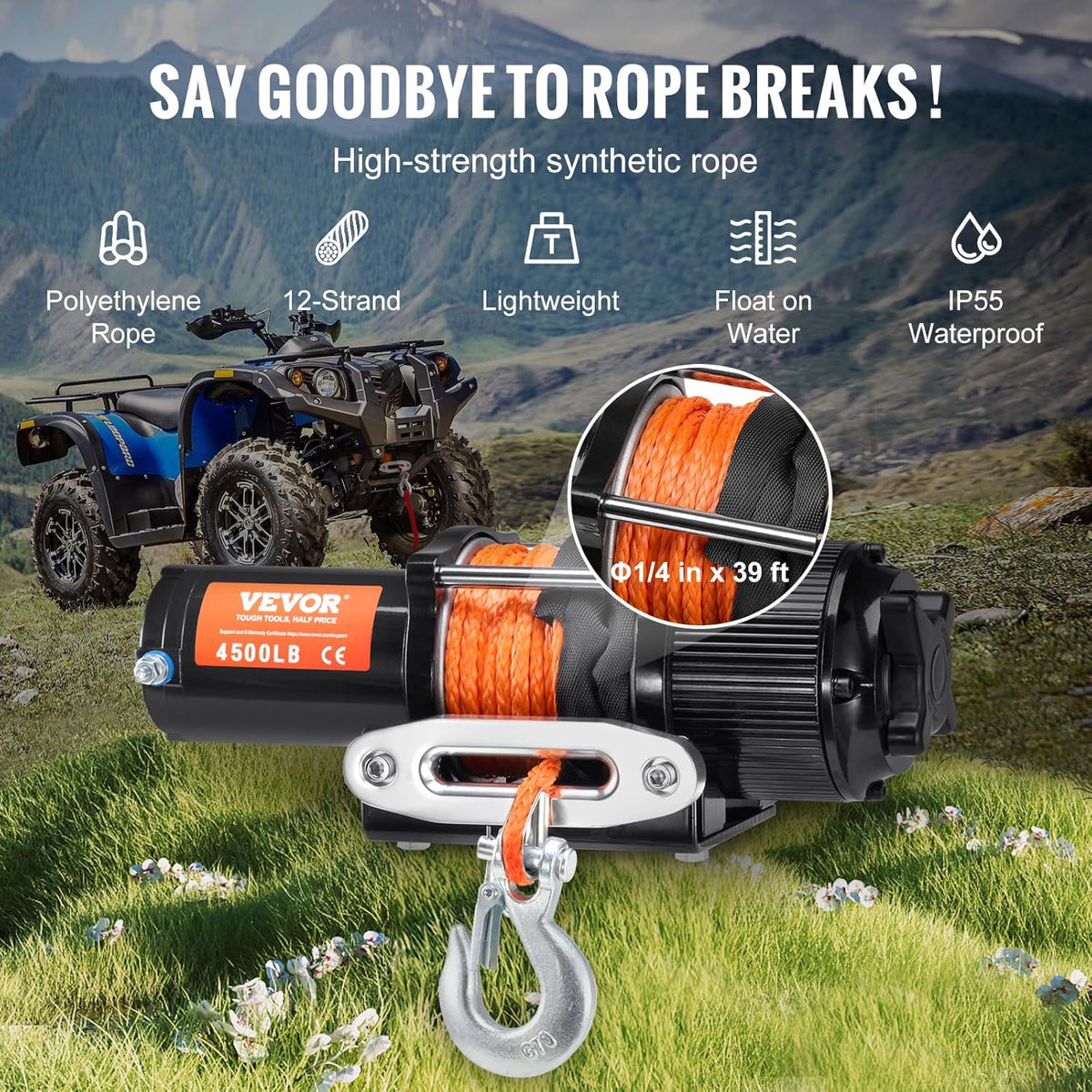 VEVOR Cable Winch 12 V, 2040 kg, Electric Winch 12 V DC for Off-Road Vehicles/UTVs, Motor Winch with 12-Strand Synthetic Rope Diameter 0.5 x 1180 cm, Aluminium Cable Guide