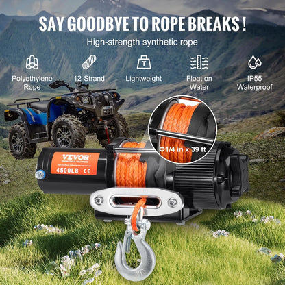 VEVOR Kabellier 12 V, 2041 kg, elektrische lier 12 V DC voor terreinvoertuigen/UTV's, motorlier met 12-strengs synthetisch touw (diameter 0,6 x 1188,7 cm), aluminium kabelgeleiding
