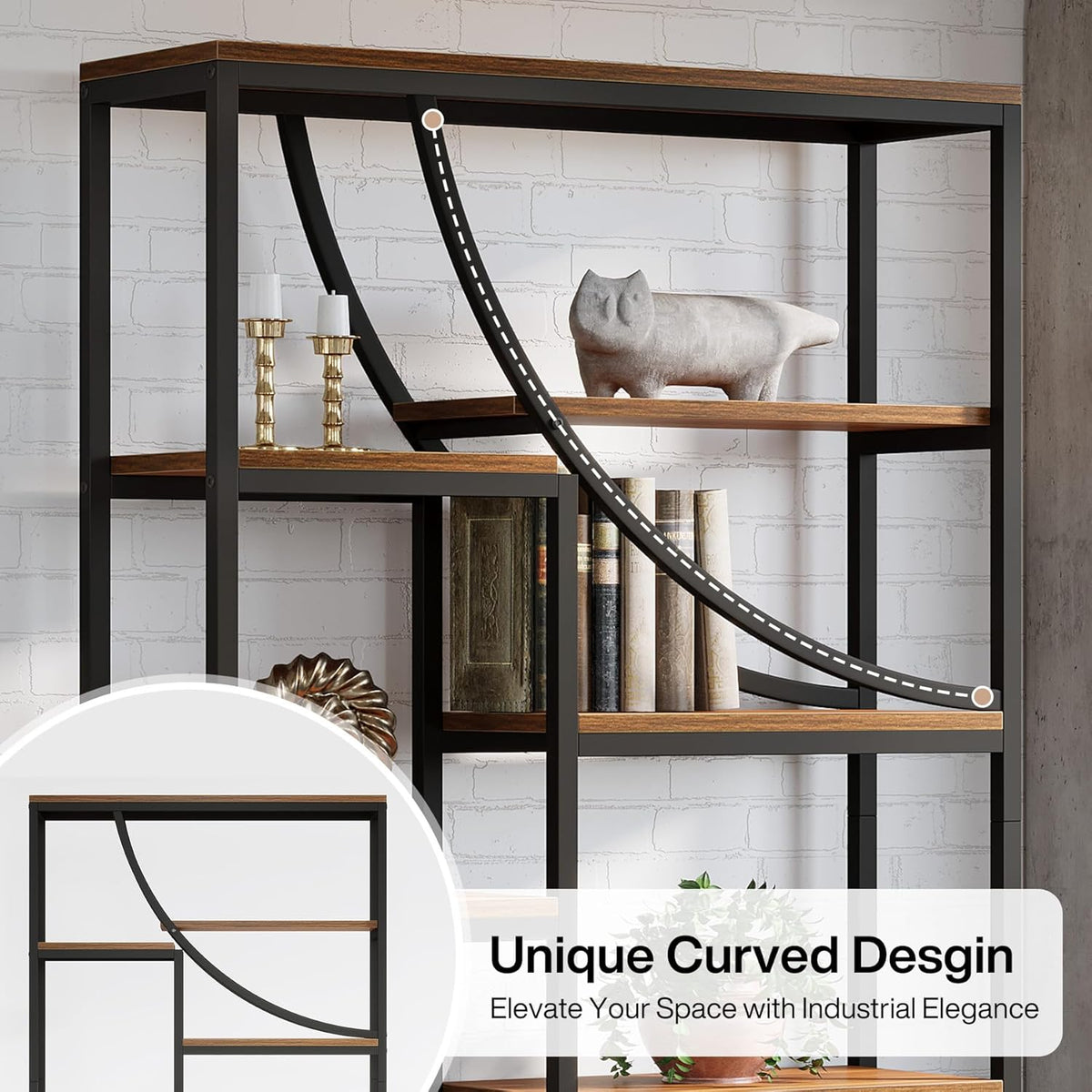 Tribesigns Bookcase, 180 cm, 9 Tier Shelf, Large Geometric Bookcase with Open Compartments, Free Standing Wood and Metal Shelf for Living Room, Industrial Design, Brown and Black