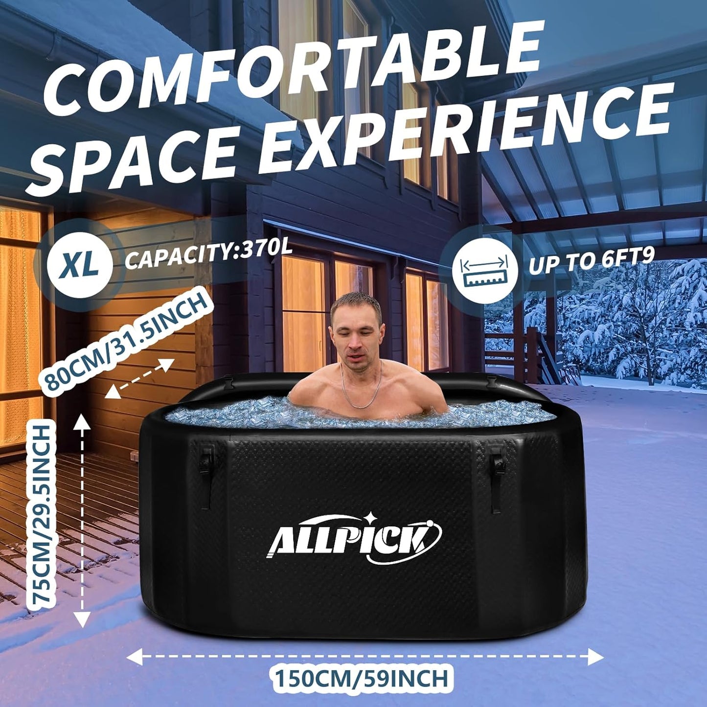 ALLPICK IJsbad ton met afdekking - (150 cm) XL opvouwbare badkuip voor atleten, compatibel met waterkoeler, ijsbak voor cryotherapie, ijsbad voor binnen en buiten, 370 liter ijston, zwart
