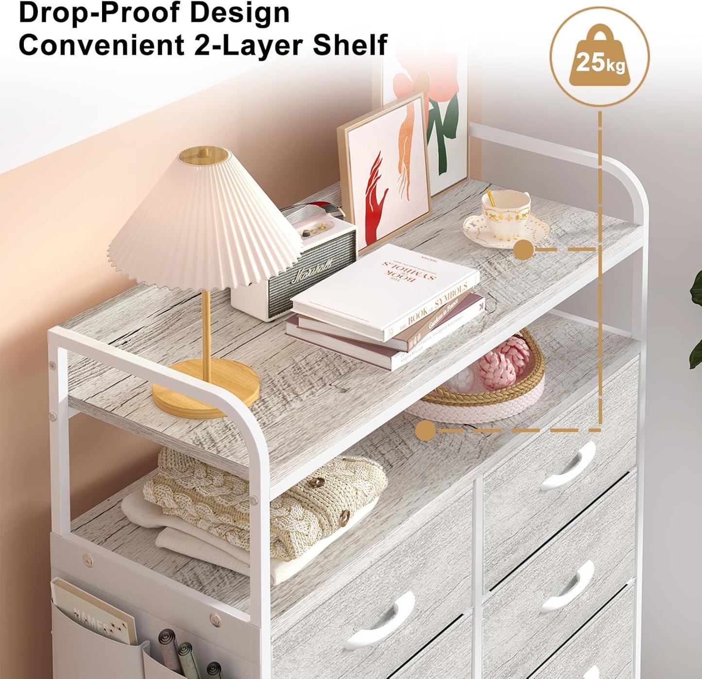 Ladekast – Dressoir – Opbergkast – Nachtkastje – Kast met 8 Stoffen Lades – 2-laags Houten Planken – Robuust Metalen Frame – White Oak