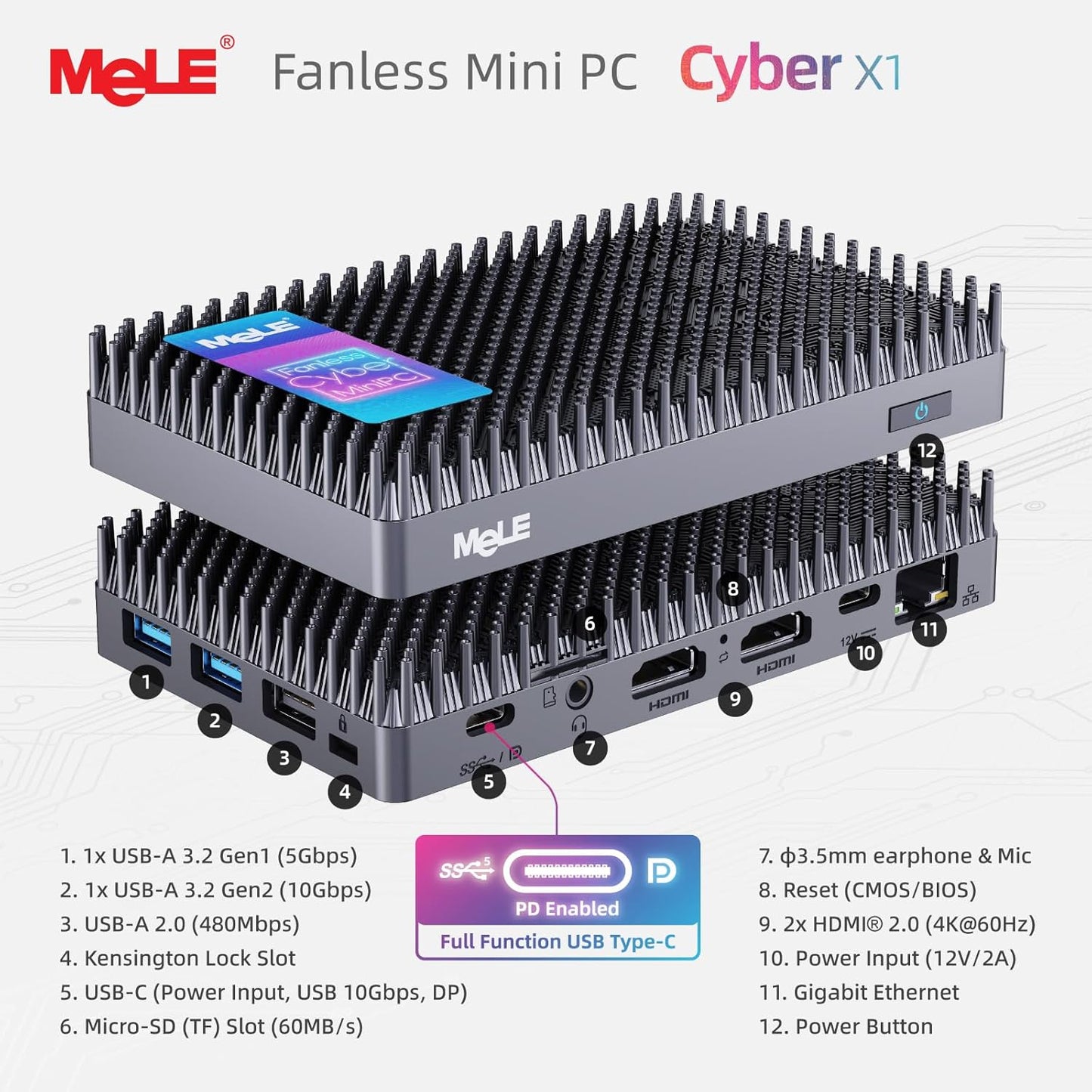 MeLE Mini-PC zonder ventilator, Cyber X1 N150, 16 GB RAM, 512 GB SSD, USB-C volledig functioneel met USB PD3.0, videoweergave en gegevensoverdracht, 2 x HDMI 2.0